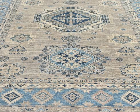 5x7 Ft Kazak Brown Blue Afghan Hand Knotted Geometric Wool Area Rug